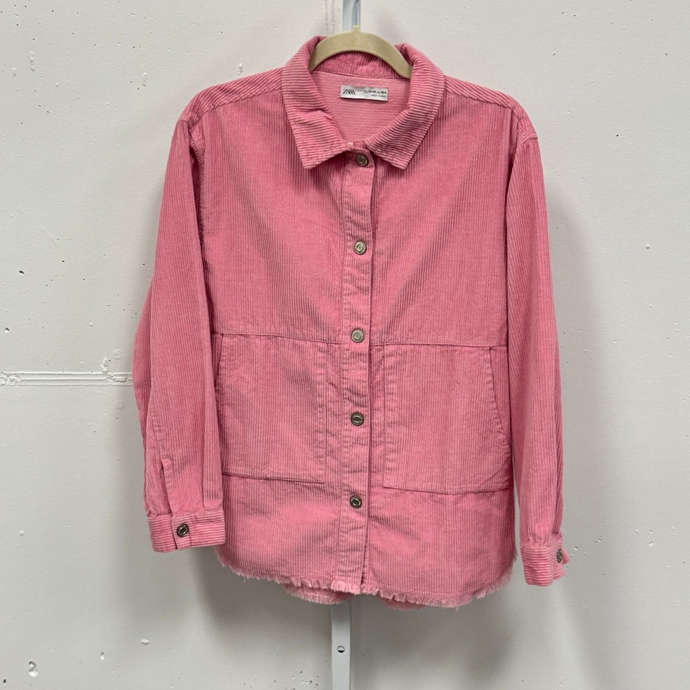 Zara Girls Pink Corduroy Button Down Shirt Jacket Shacket Raw Hem Size 13-14 Y